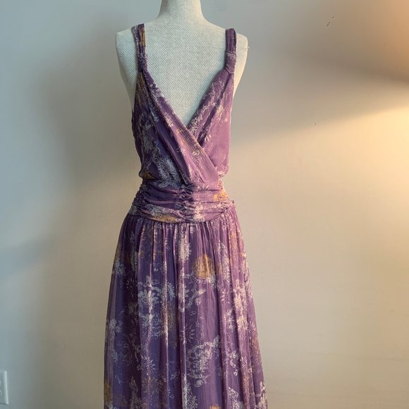 Silk v-neck, abstract floral print dress - Picture 2 of 6